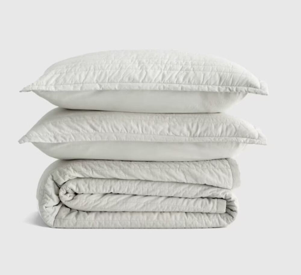 NEW Quince FULL QUEEN Organic Cotton Stripe Stitch Quilt Set + Shams Light Gray